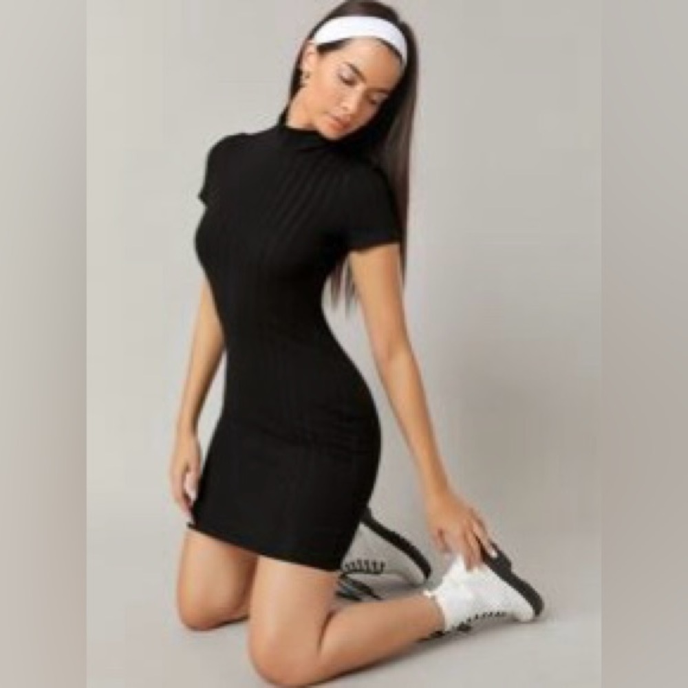 Mock-Neck Rib-Knit Dress